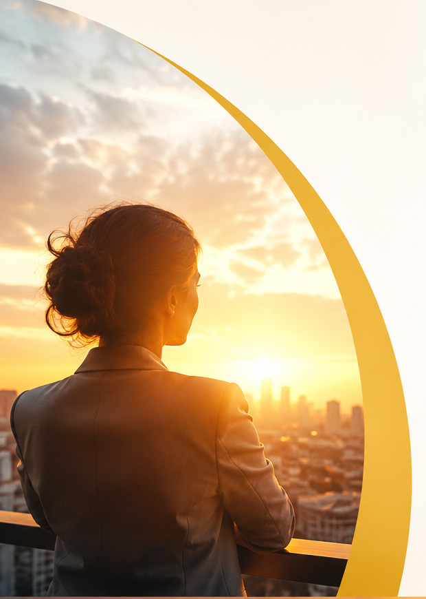 Professional overlooking a sunrise city skyline