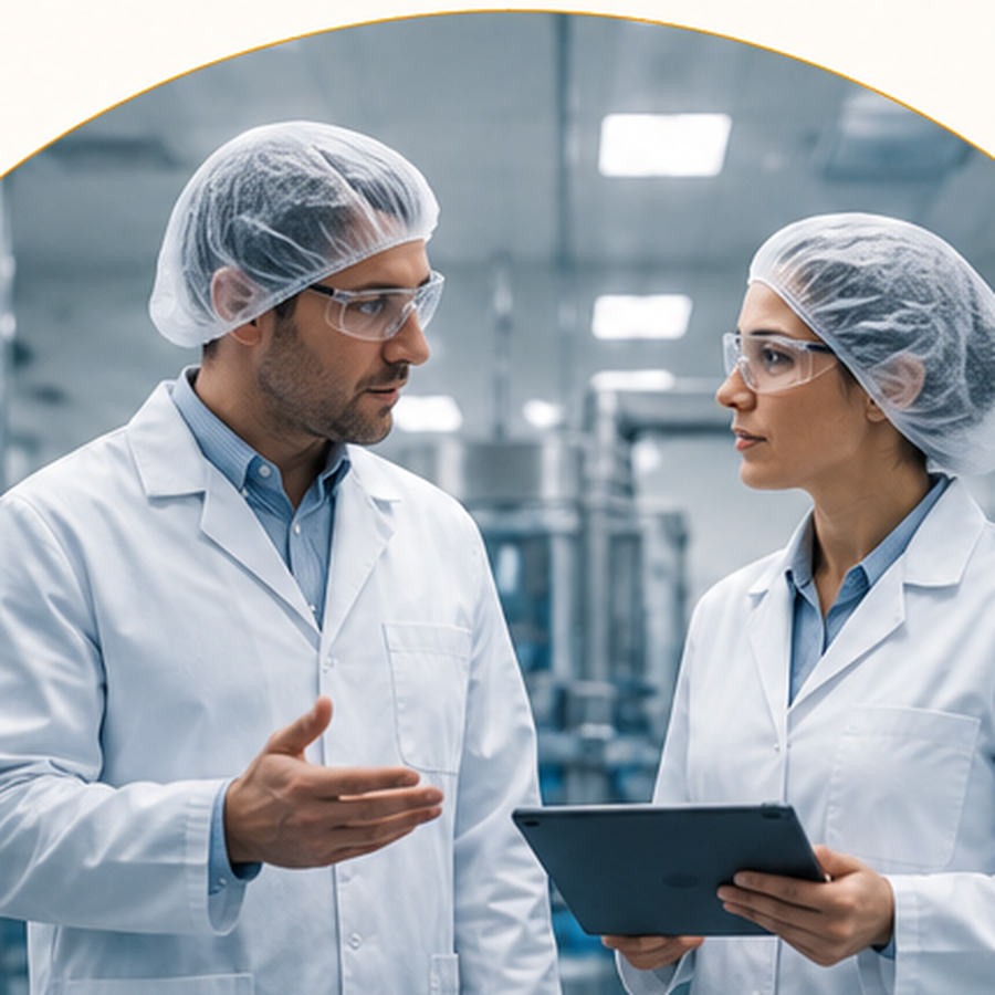 Pharmaceutical professionals discussing technology in a lab